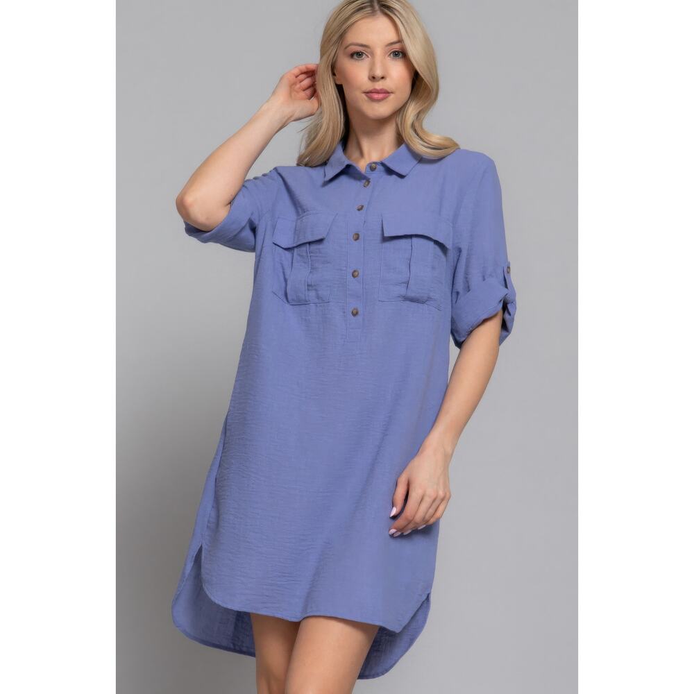 HackleBee Blue Roll Up Short Sleeves Straight Linen Effect Mini Dress Size S,M,L